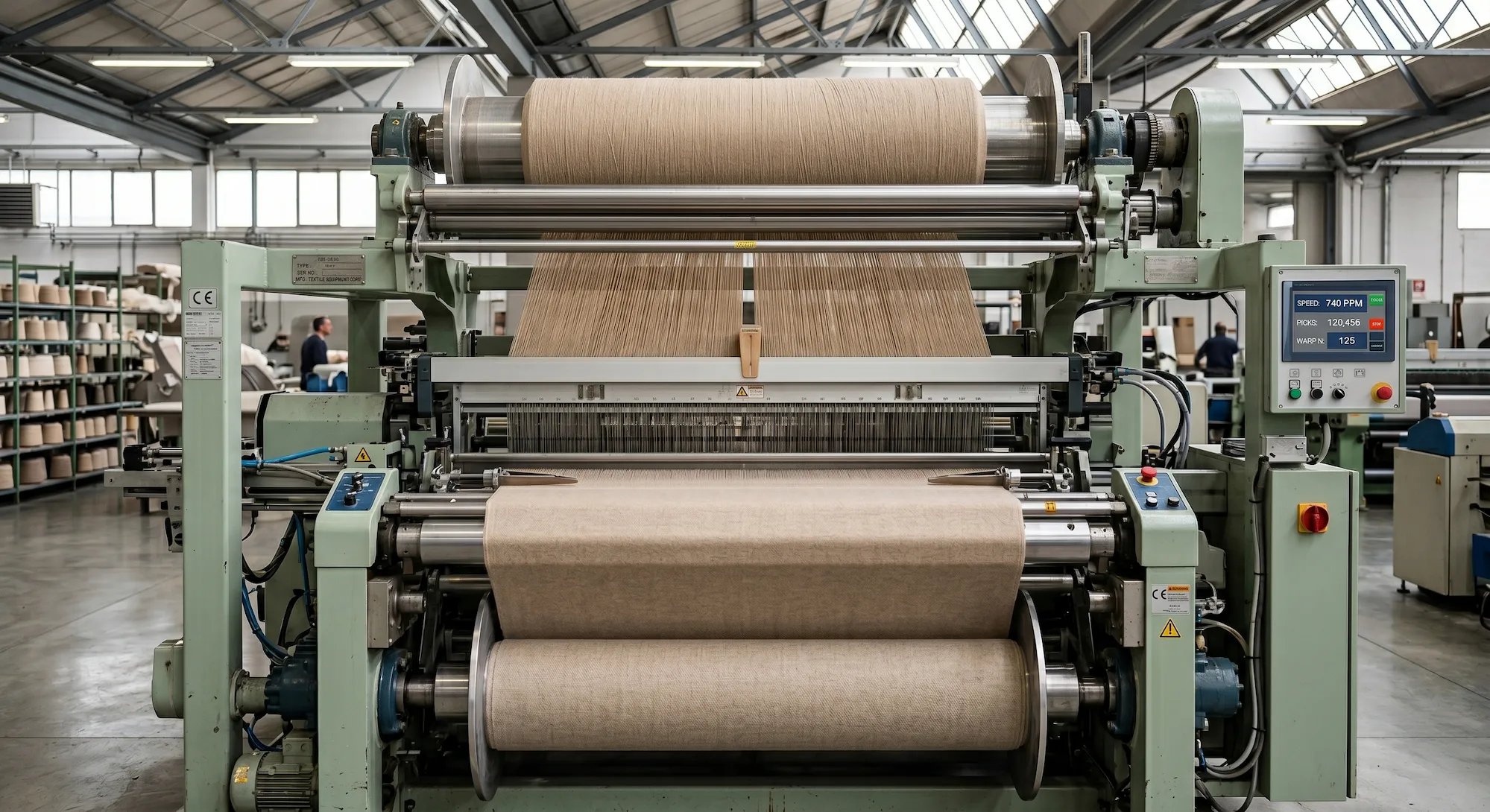 Industrial weaving machine producing tan fabric in a textile factory.